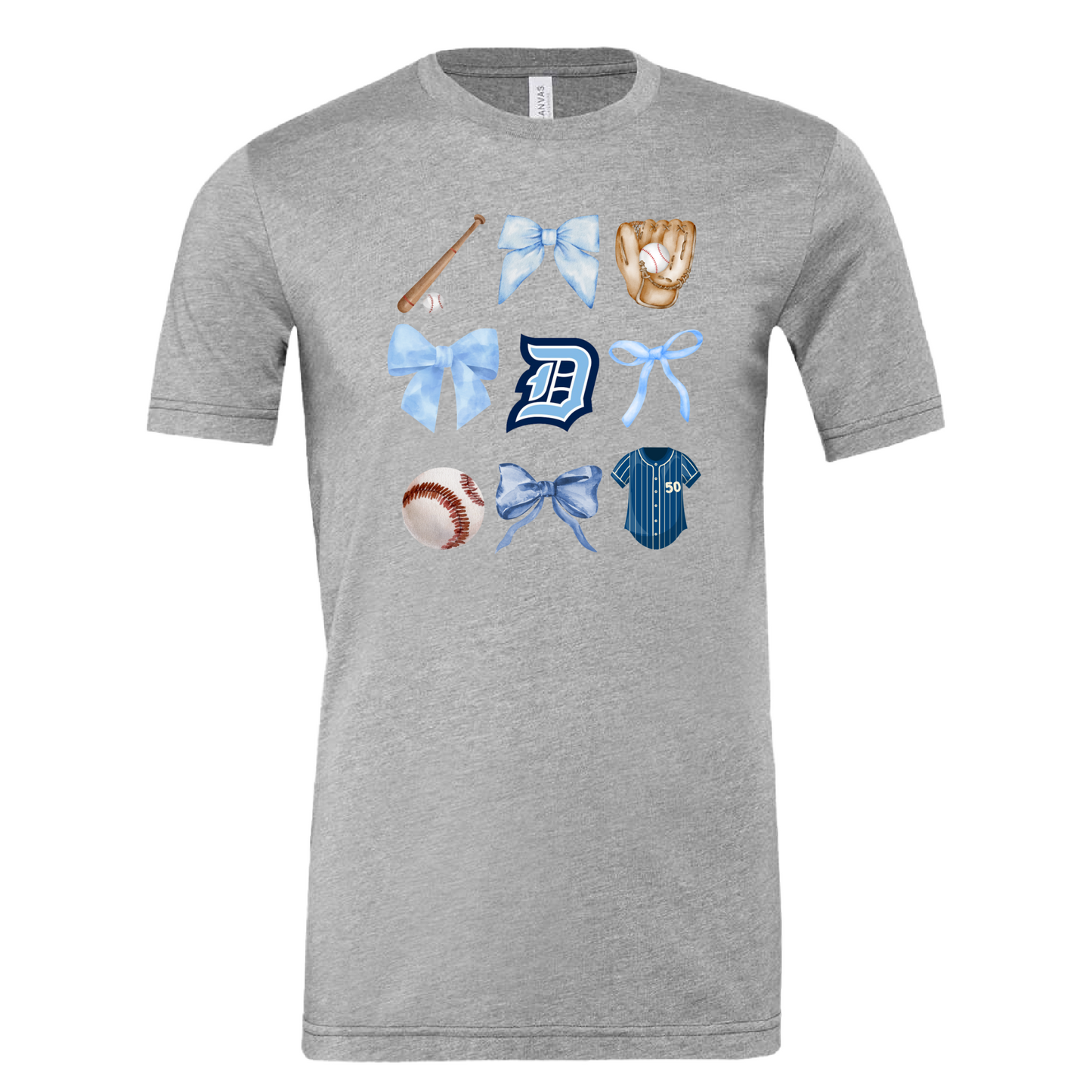 Bows & Baseball Tee – Heather Gray, Heather Navy, Light Blue, or White