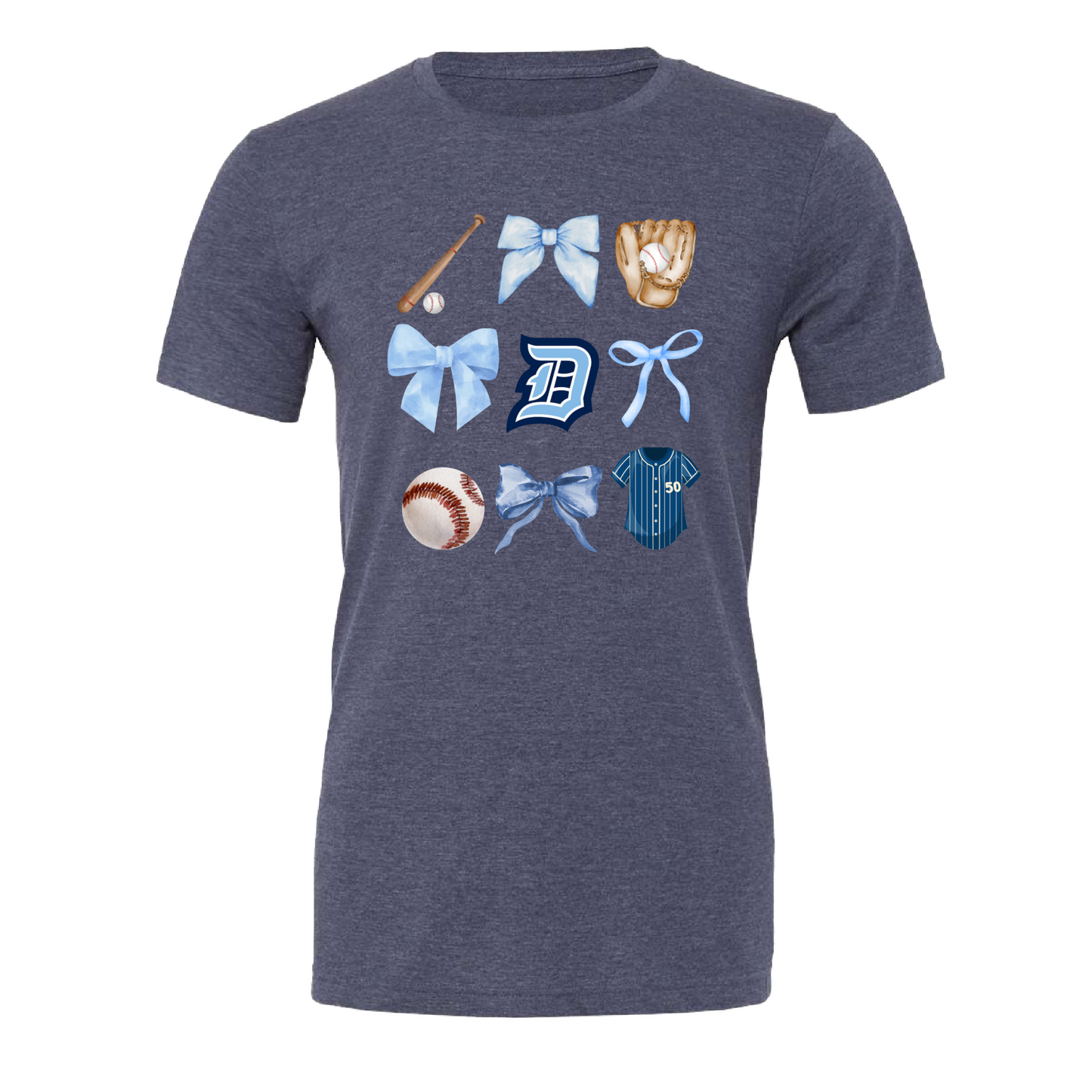 Bows & Baseball Tee – Heather Gray, Heather Navy, Light Blue, or White