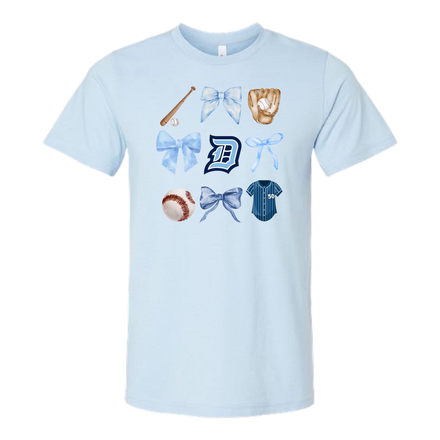 Bows & Baseball Tee – Heather Gray, Heather Navy, Light Blue, or White