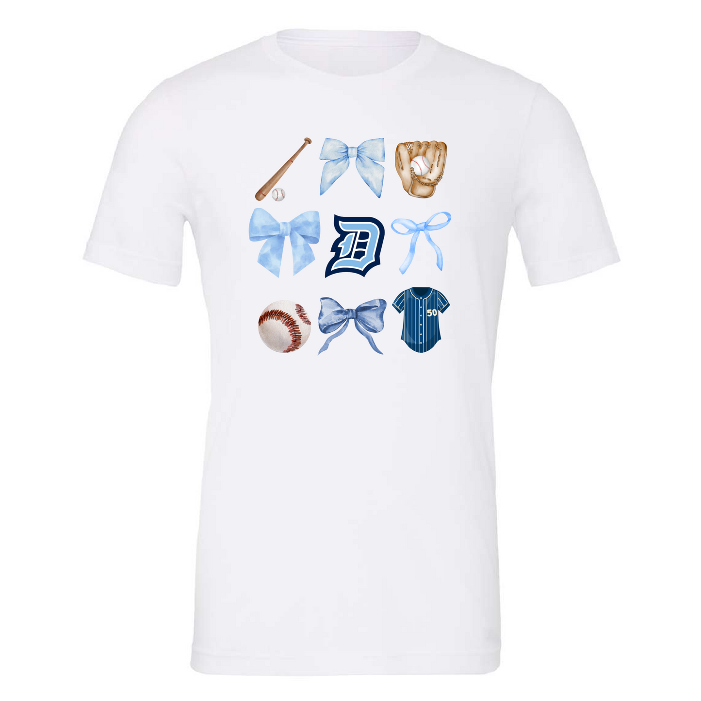 Bows & Baseball Tee – Heather Gray, Heather Navy, Light Blue, or White