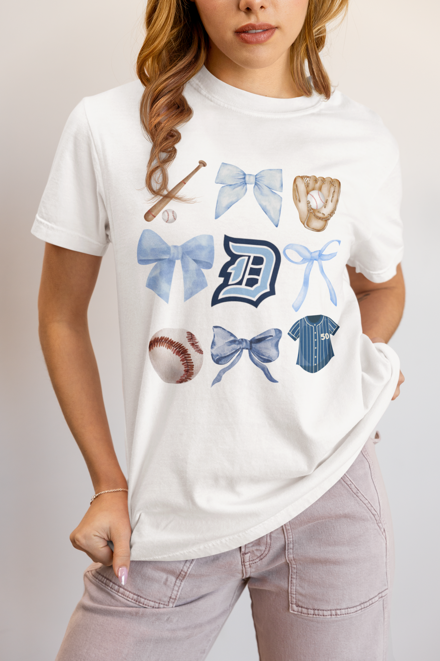 Bows & Baseball Tee – Heather Gray, Heather Navy, Light Blue, or White