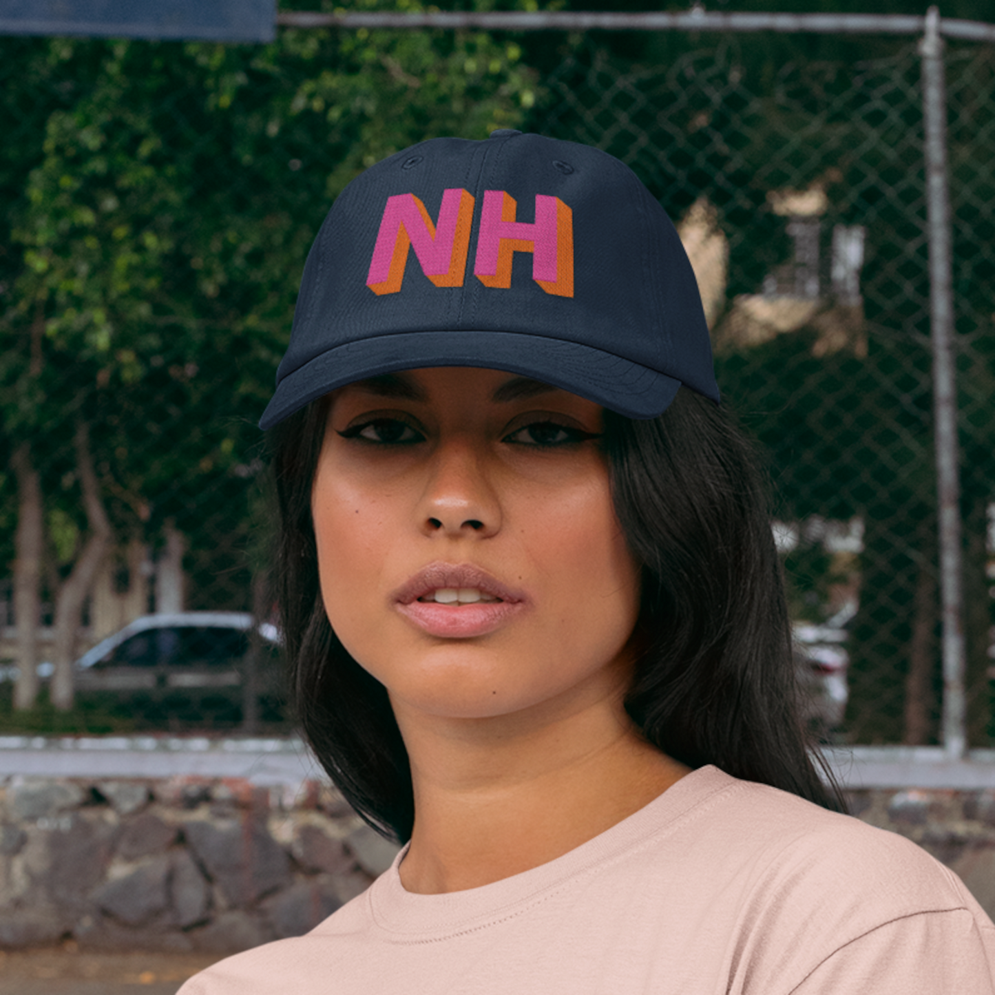 Navy Dad Hat with Hot Pink & Orange Custom Shadow Block Lettering