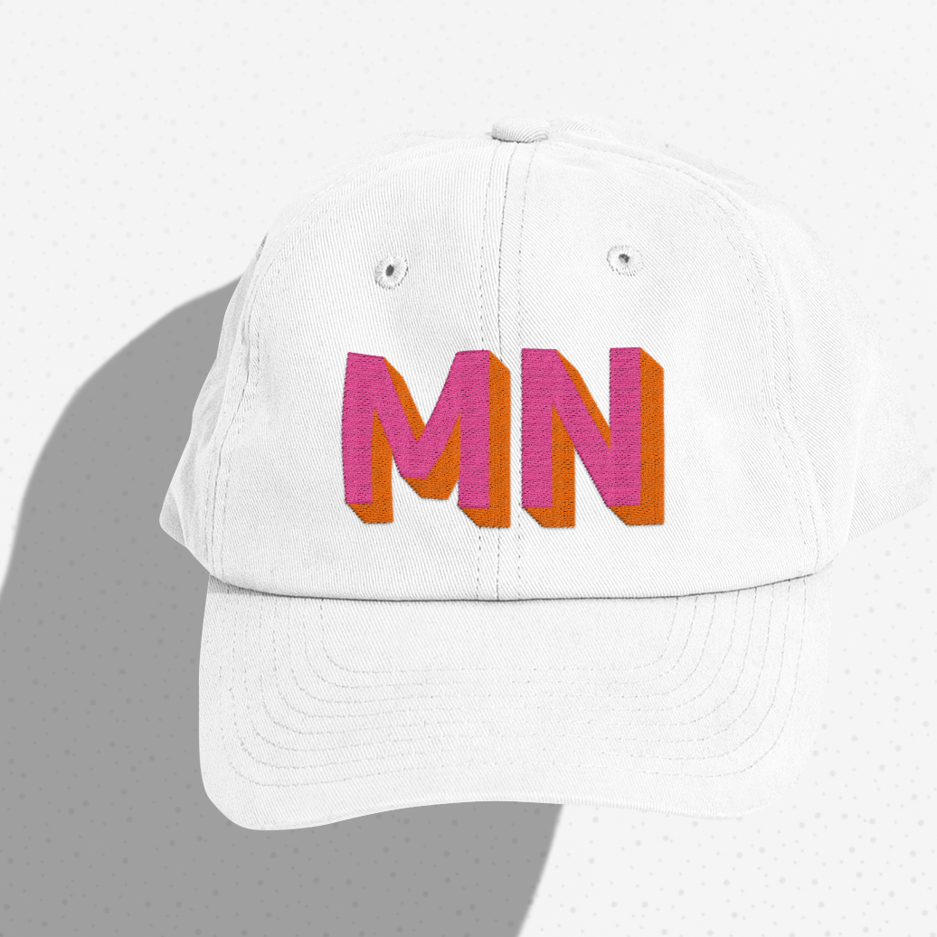 White Dad Hat with Bold Hot Pink and Orange Custom Shadow Block Lettering