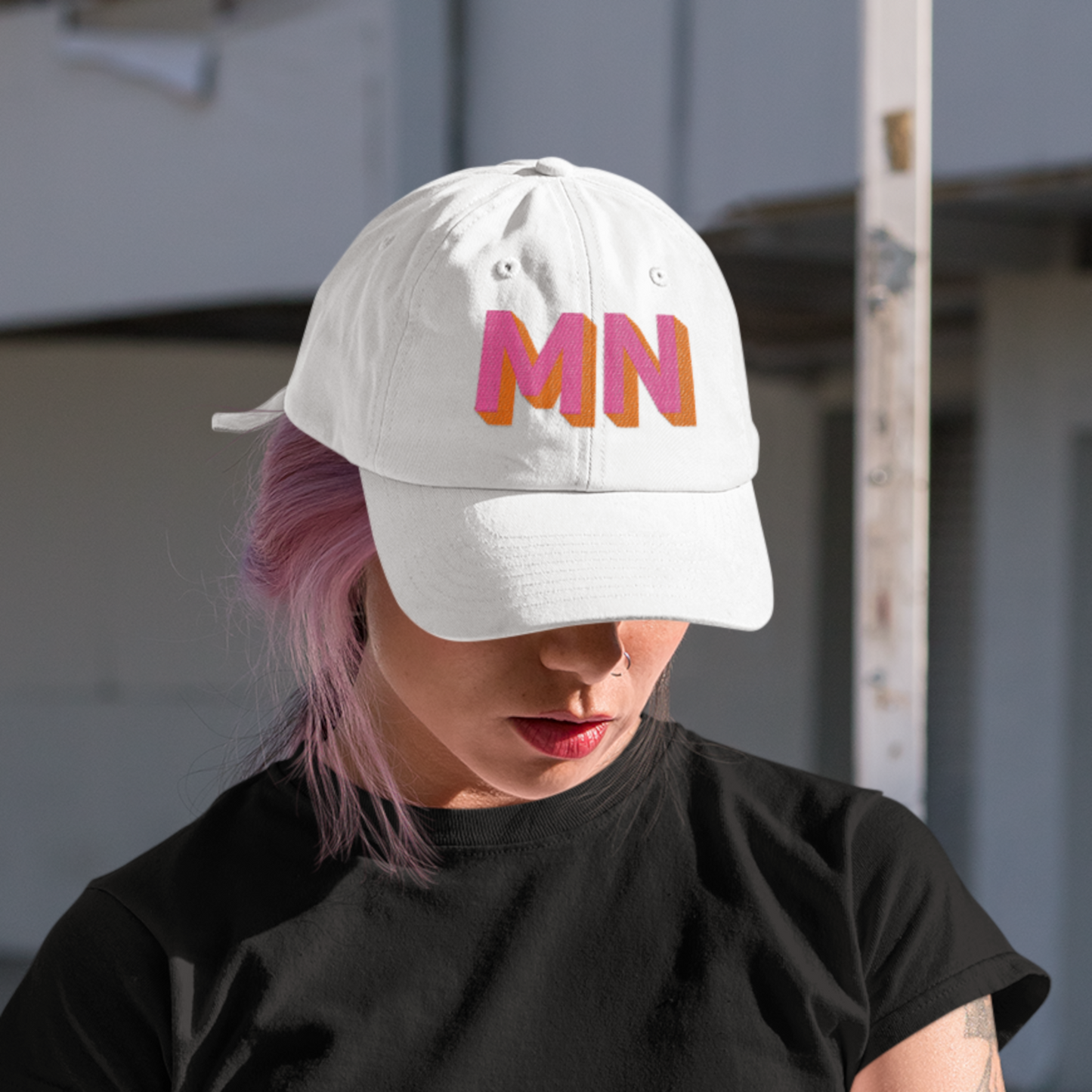 White Dad Hat with Bold Hot Pink and Orange Custom Shadow Block Lettering