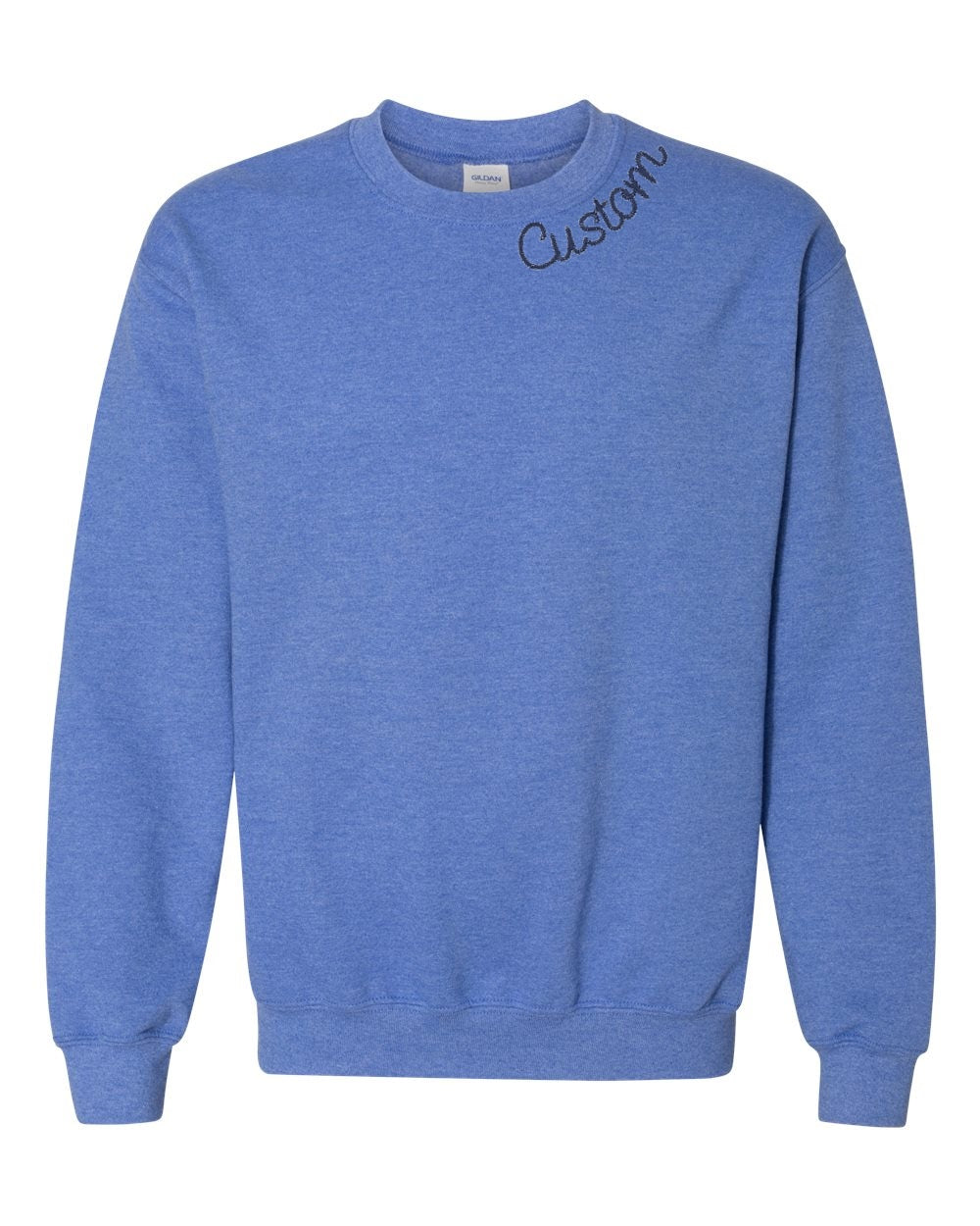 Heather Royal Blue Custom Embroidered Crewneck Sweatshirt - Personalized Chain Stitch
