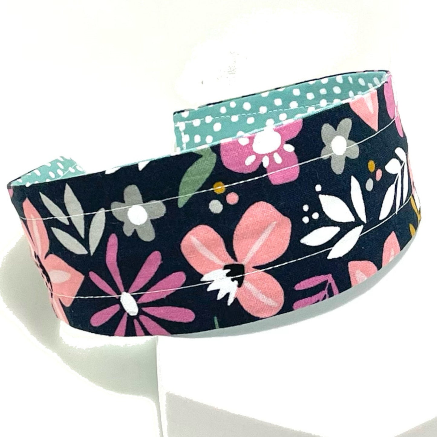 Comfortable Reversible Handmade Fabric Headband - Navy Floral & Aqua Dots