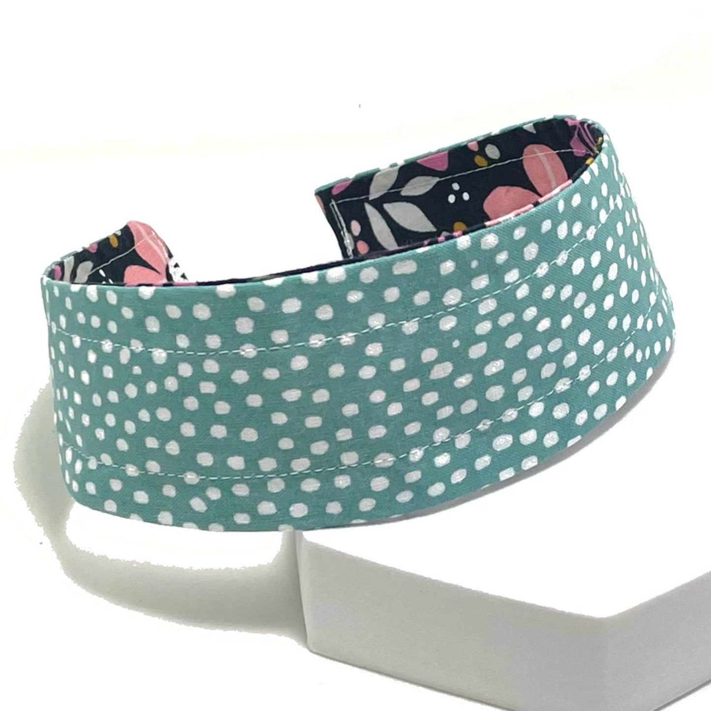 Comfortable Reversible Handmade Fabric Headband - Navy Floral & Aqua Dots