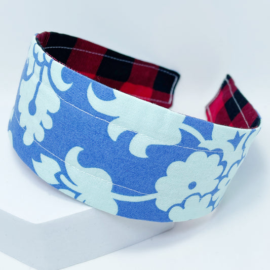 Comfortable Reversible Handmade Fabric Headband - Bright Damask & Buffalo Check