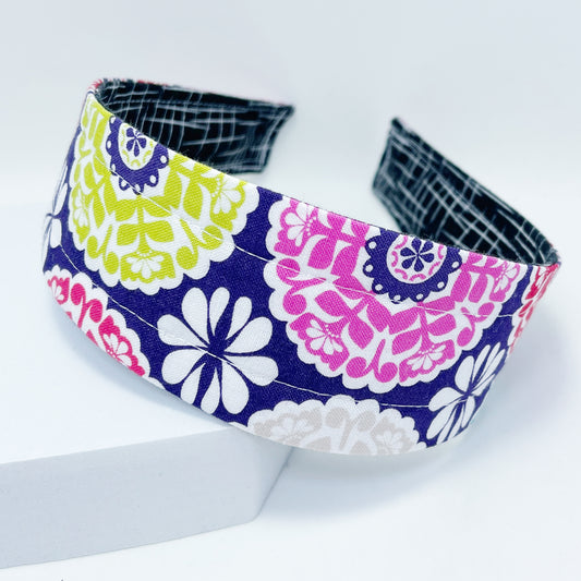 Comfortable Reversible Handmade Fabric Headband - Bright Floral & Black Hatch