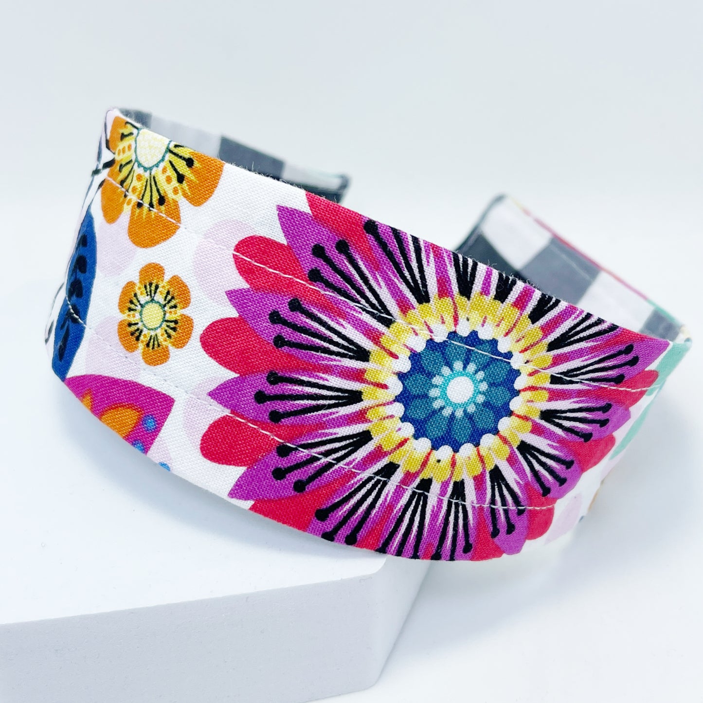 Comfortable Reversible Handmade Fabric Headband - Bright floral & Black Gingham