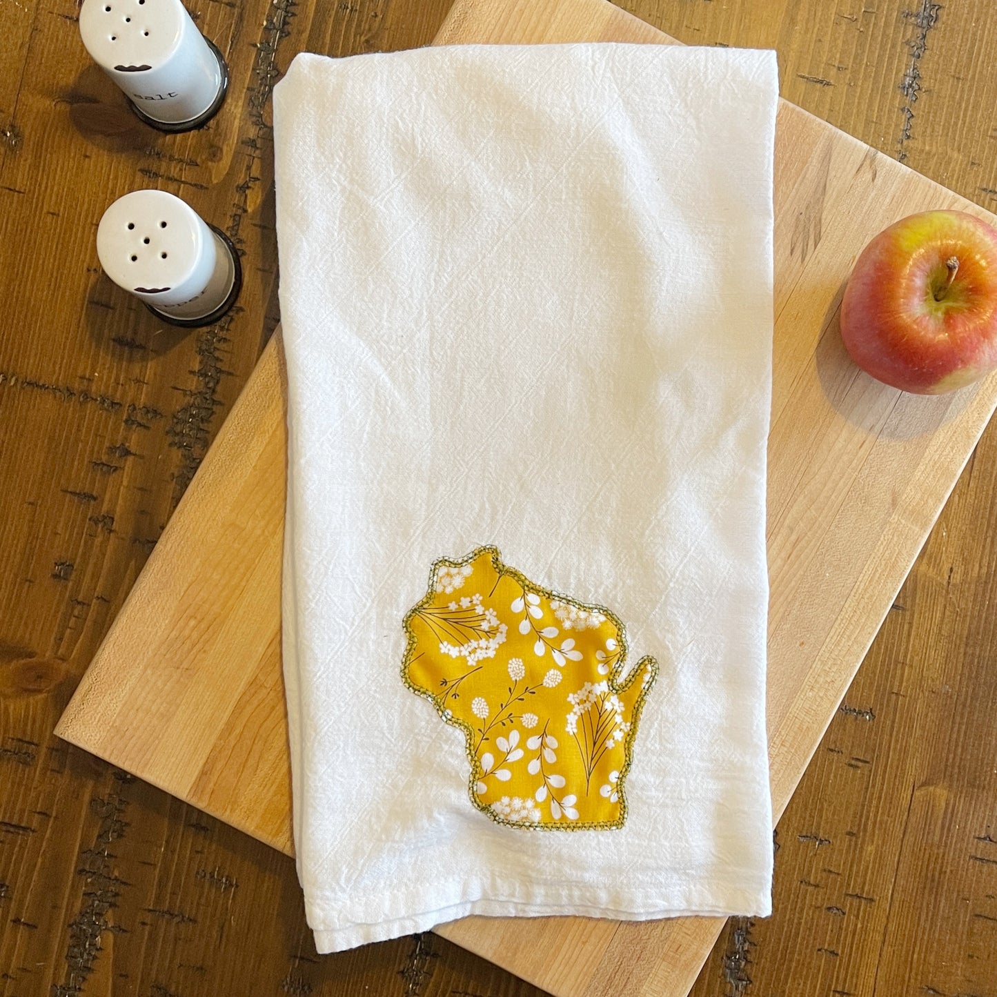 Custom State Applique Embroidered White Tea Towel