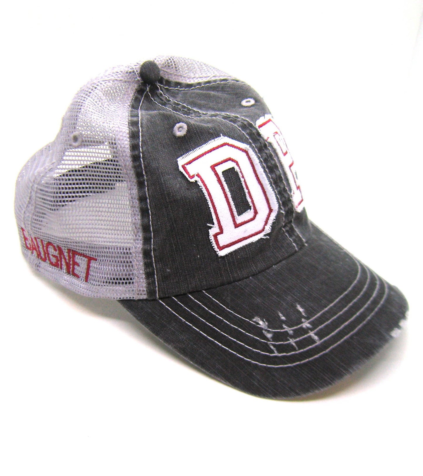 Gray Distressed Trucker Hat | DP De Pere Hat | White Lettering with Cardinal Red Stitiching
