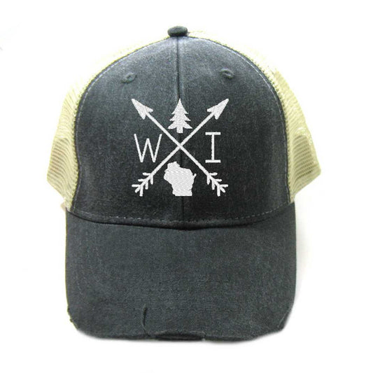 Wisconsin Hat - Distressed Snapback Trucker Hat - Wisconsin Arrow
