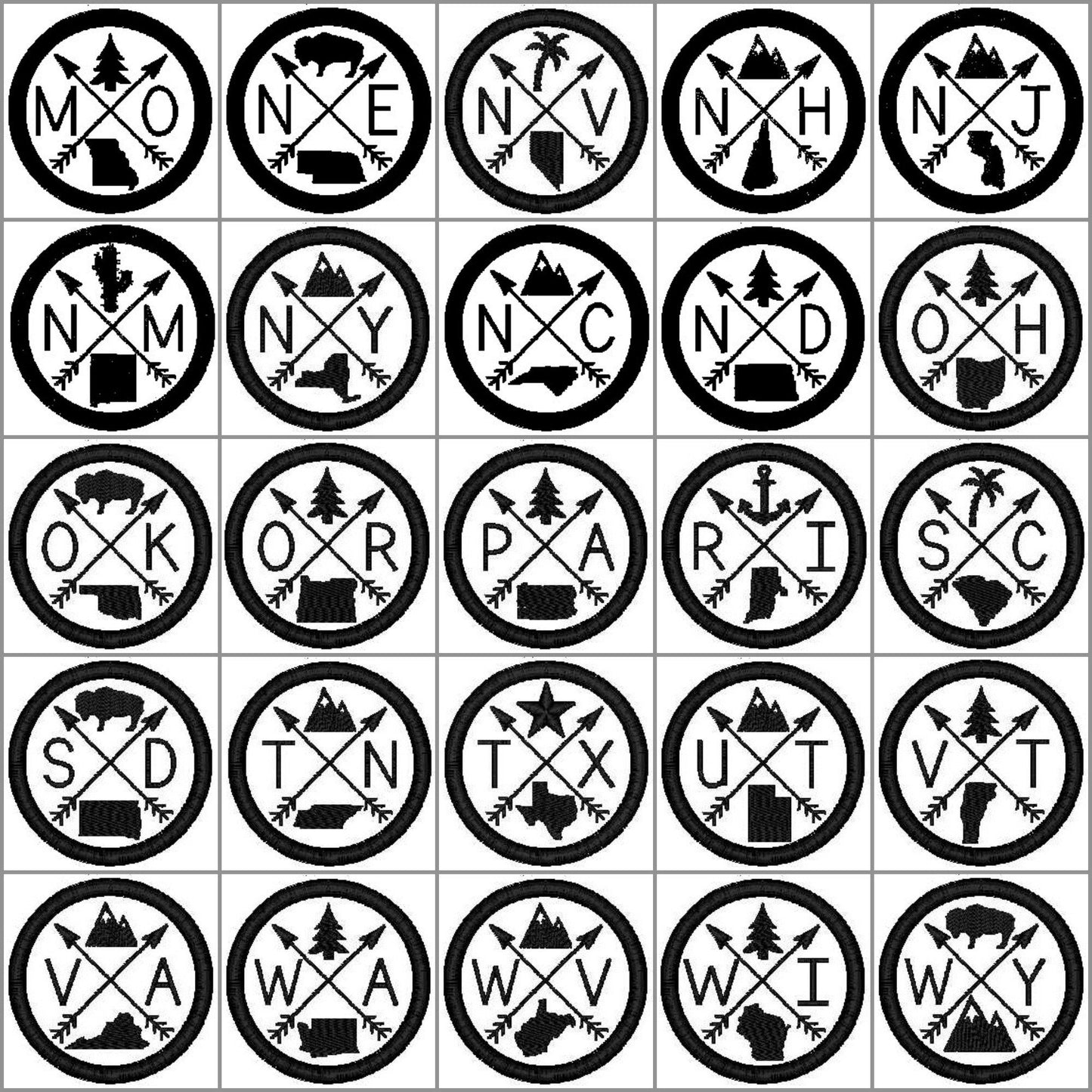 Embroidered Iron-On Custom State Patch - Black & White