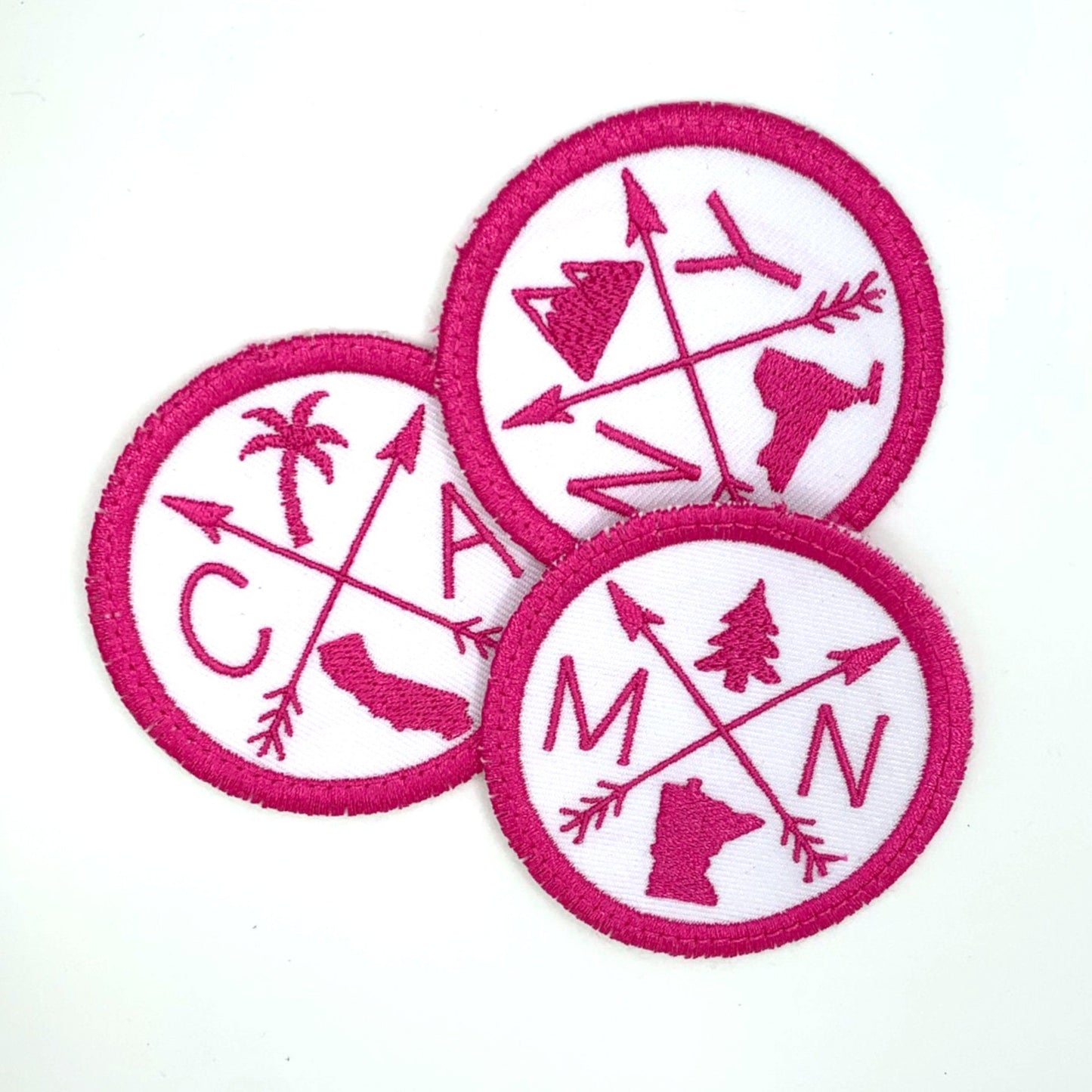 Embroidered Iron-On Custom State Patch - Hot Pink & White