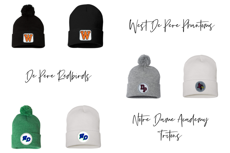collage image of winter beanie hats for west de pere, de pere and notre dame academy