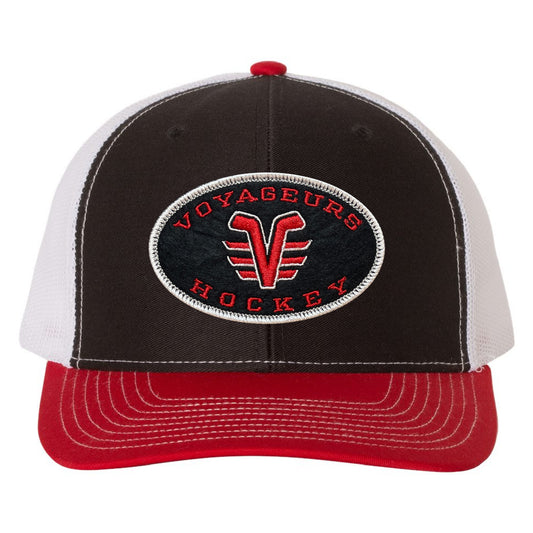 De Pere Voyageurs Hockey Snapback Trucker Hat - Red, Black & White Oval Patch MId-Profile