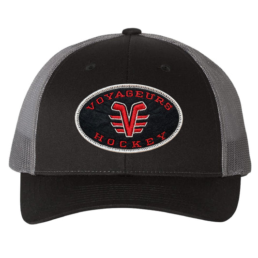De Pere Voyageurs Hockey Snapback Trucker Hat - Black & Charcoal Oval Patch Low-Profile
