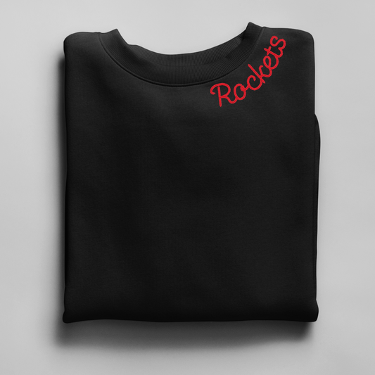 Red Rockets on Black Crewneck Sweatshirt – Chainstitch Collar Design