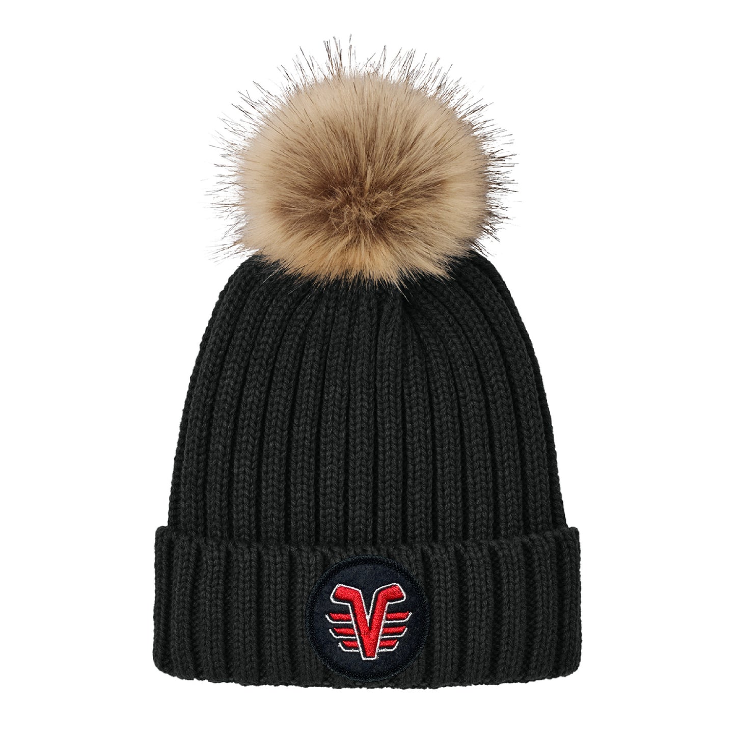 Black De Pere Voyageur Hockey Ribbed Knit Faux Fur Pom Beanie - Winter Hat Round Patch