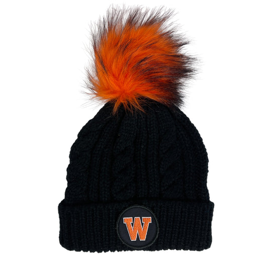 Black West De Pere Patched WDP Cable Knit Orange Fur Pom Beanie | Winter Hat