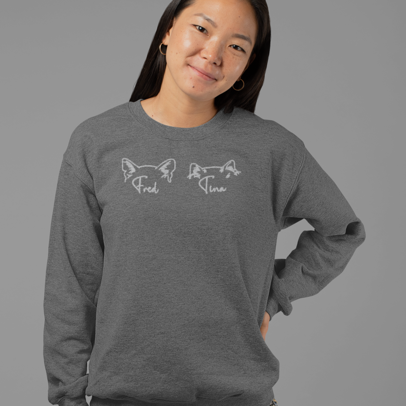 Deep Heather Custom Embroidered Crewneck Sweatshirt - Cat Ears with Name