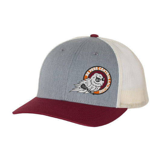 De Pere Central Lacrosse Ghostbirds Trucker Hat in gray and cardinal - Logo