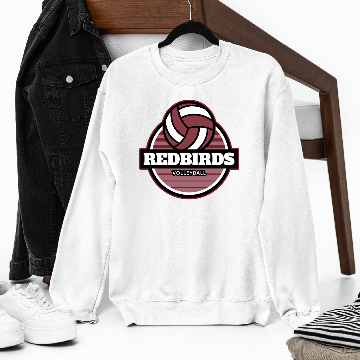 De Pere Redbirds Volleyball Design - White Tee, Crewneck, or Hoodie