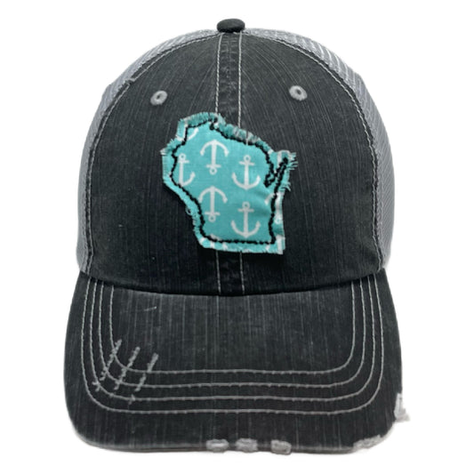 Gray Distressed Trucker Hat with Aqua Anchor State Appliqué – Vintage Style – All 50 US States