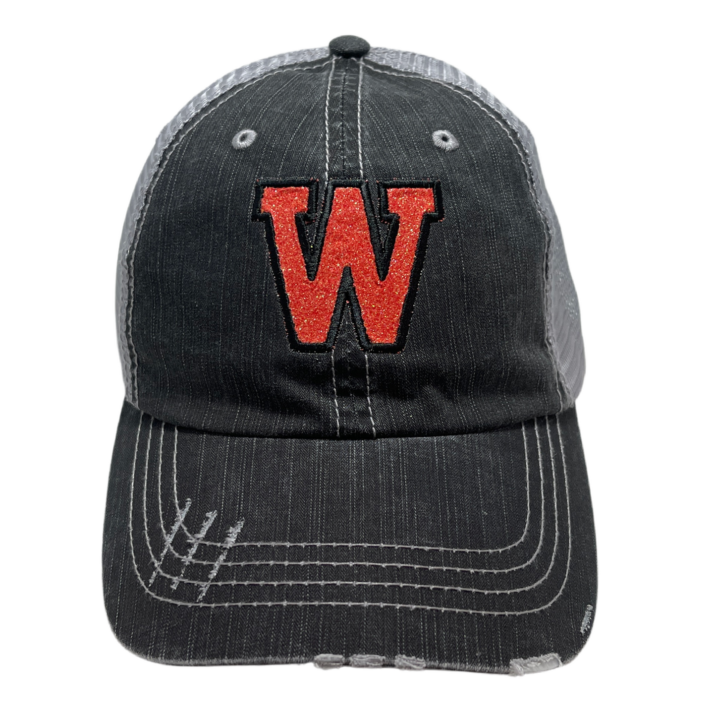 Gray Distressed Trucker Hat - West De Pere Logo Glitter Hat