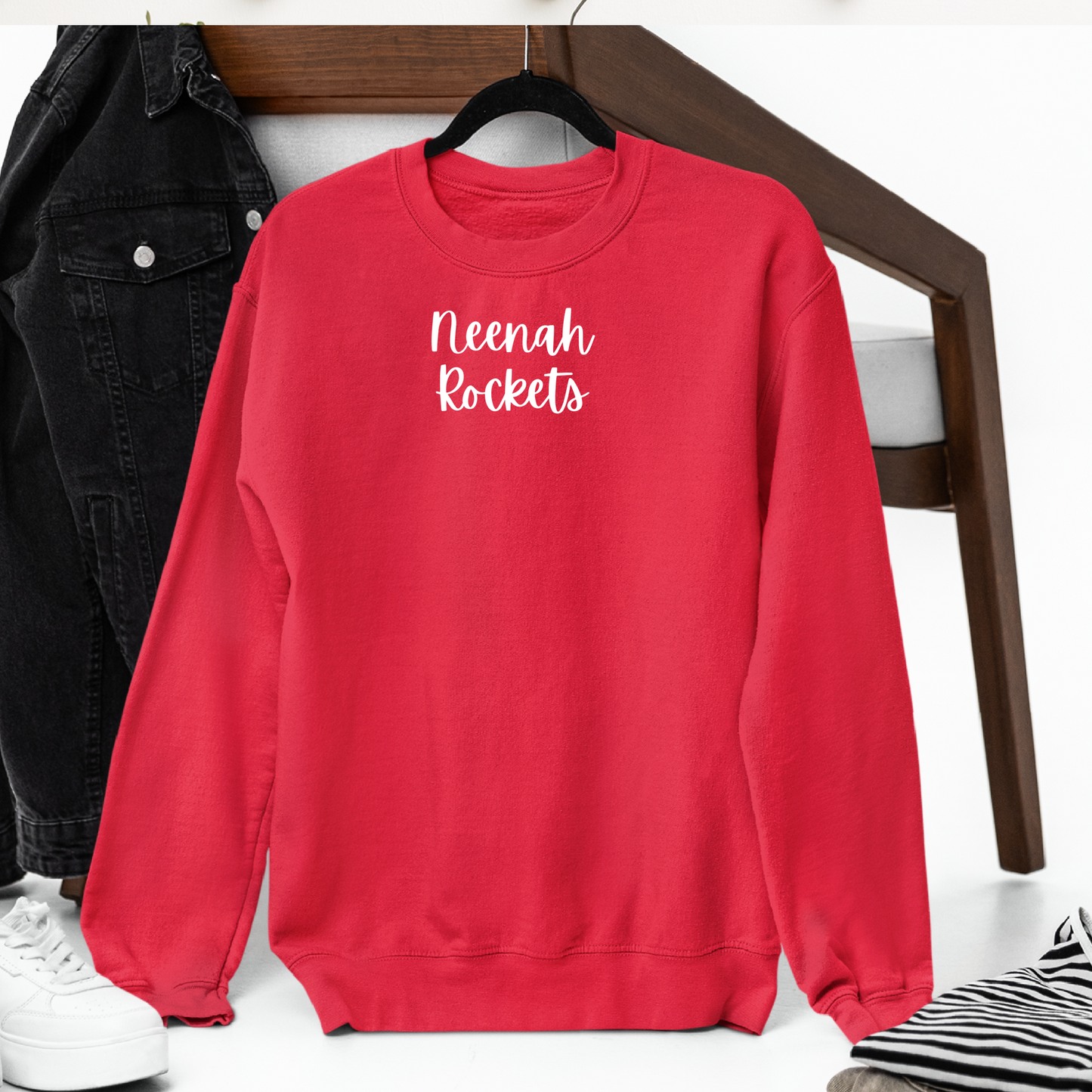 Neenah Rockets Small White Script - Red Tee, Crewneck, or Hoodie