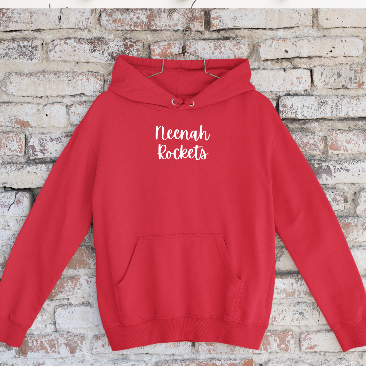 Neenah Rockets Small White Script - Red Tee, Crewneck, or Hoodie