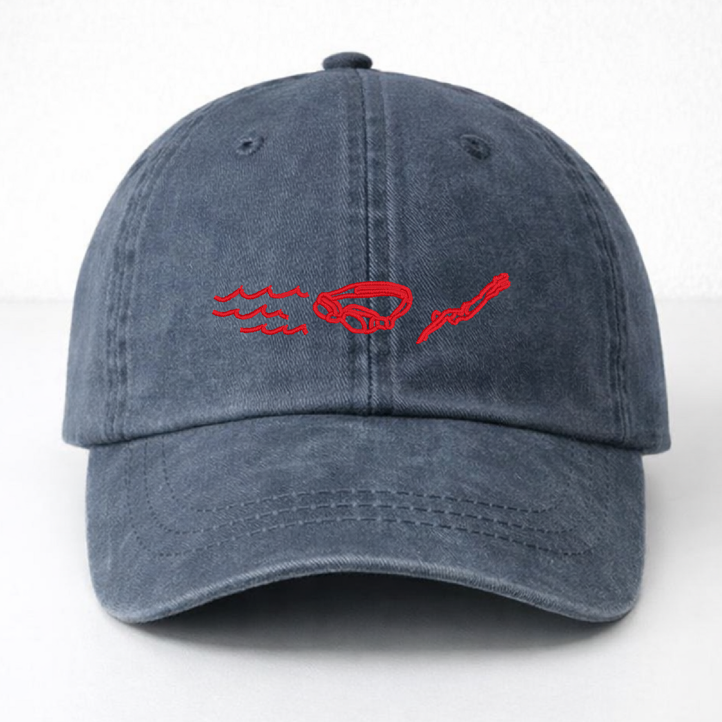 Navy Dad Hat - Pigment Dyed - Embroidered Swim Icons Red