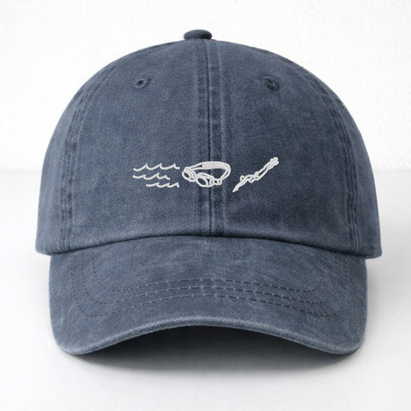 Navy Dad Hat - Pigment Dyed - Embroidered Swim Icons