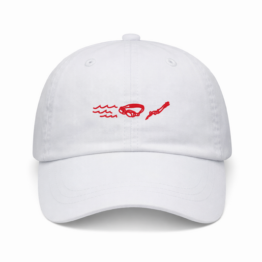 White Dad Hat - Pigment Dyed - Embroidered Swim Icons Red
