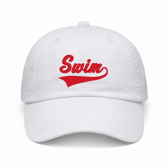 White Dad Hat - Pigment Dyed - Embroidered Swim Athletic Font