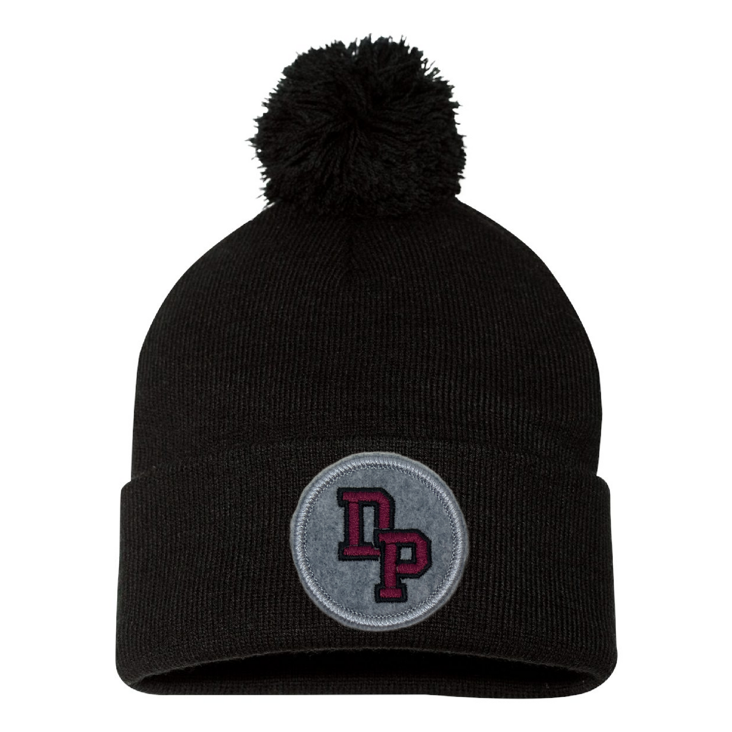 De Pere Pom Pom Beanie - Black with Interlocking DP Gray Patch