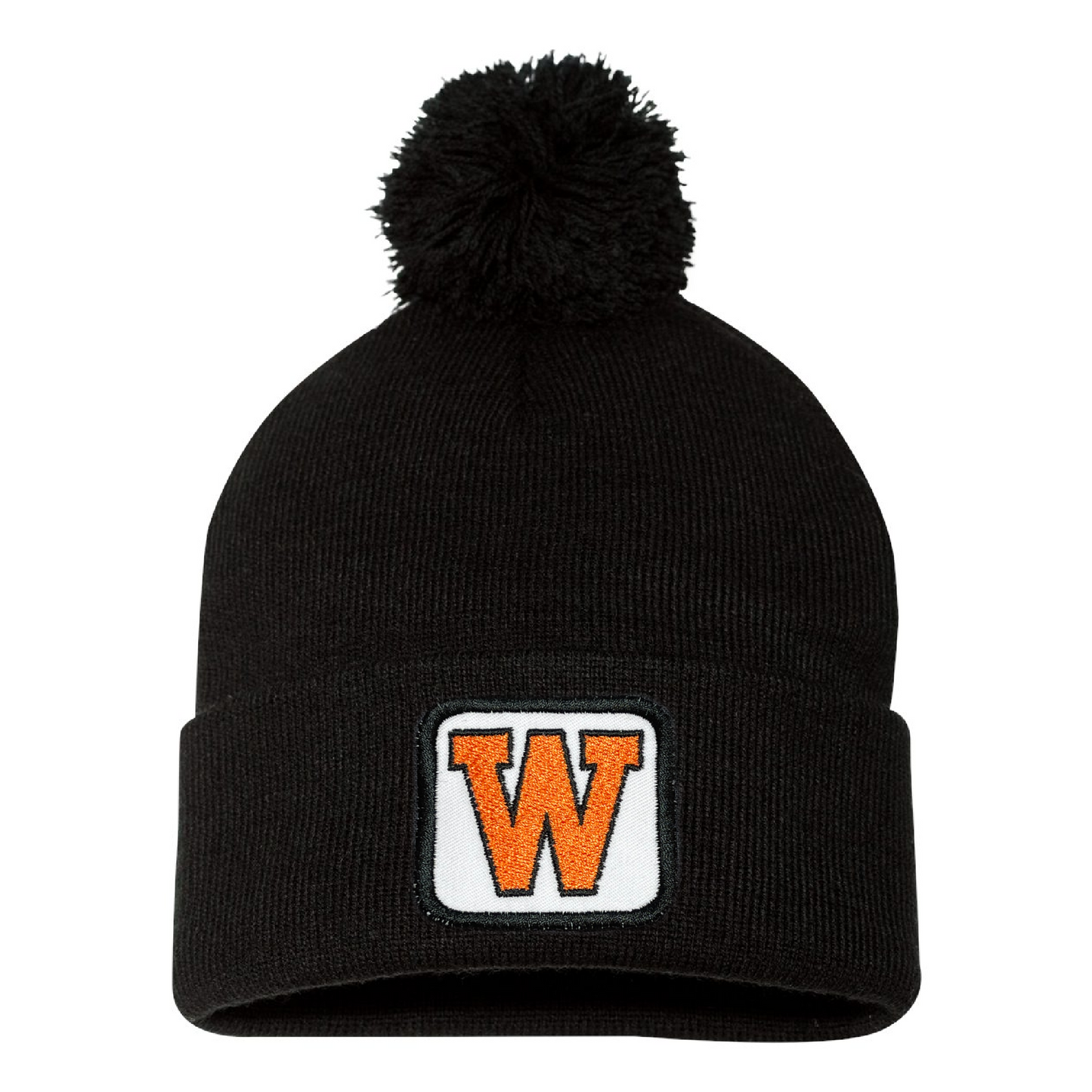 West De Pere Pom Pom Beanie - Black with West De Pere Square Patch