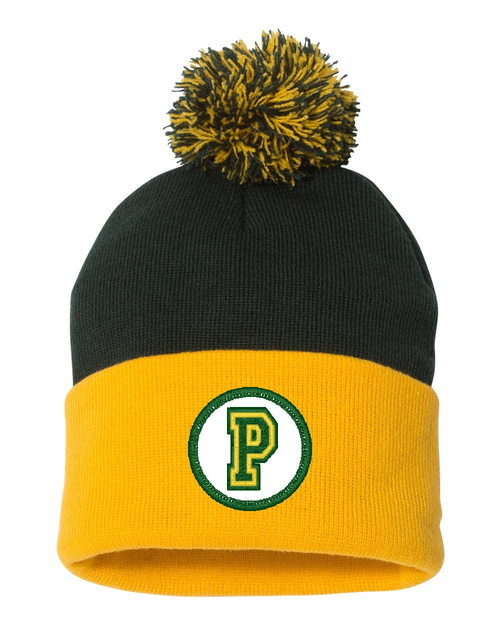 Preble Embroidered Patch Beanie Winter Hats - Green and Yellow Block Patch