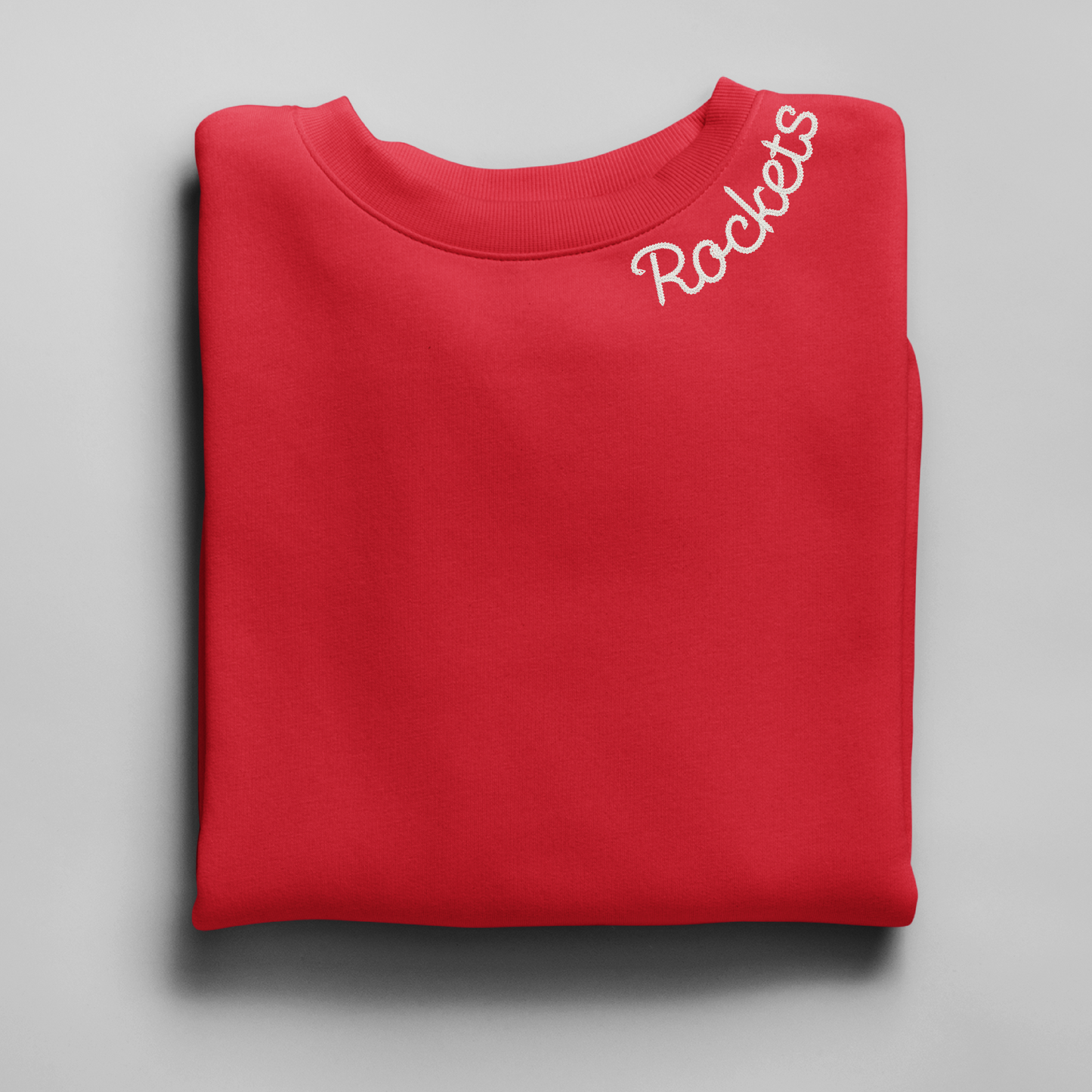 White Rockets on Red Crewneck Sweatshirt – Chainstitch Collar Design