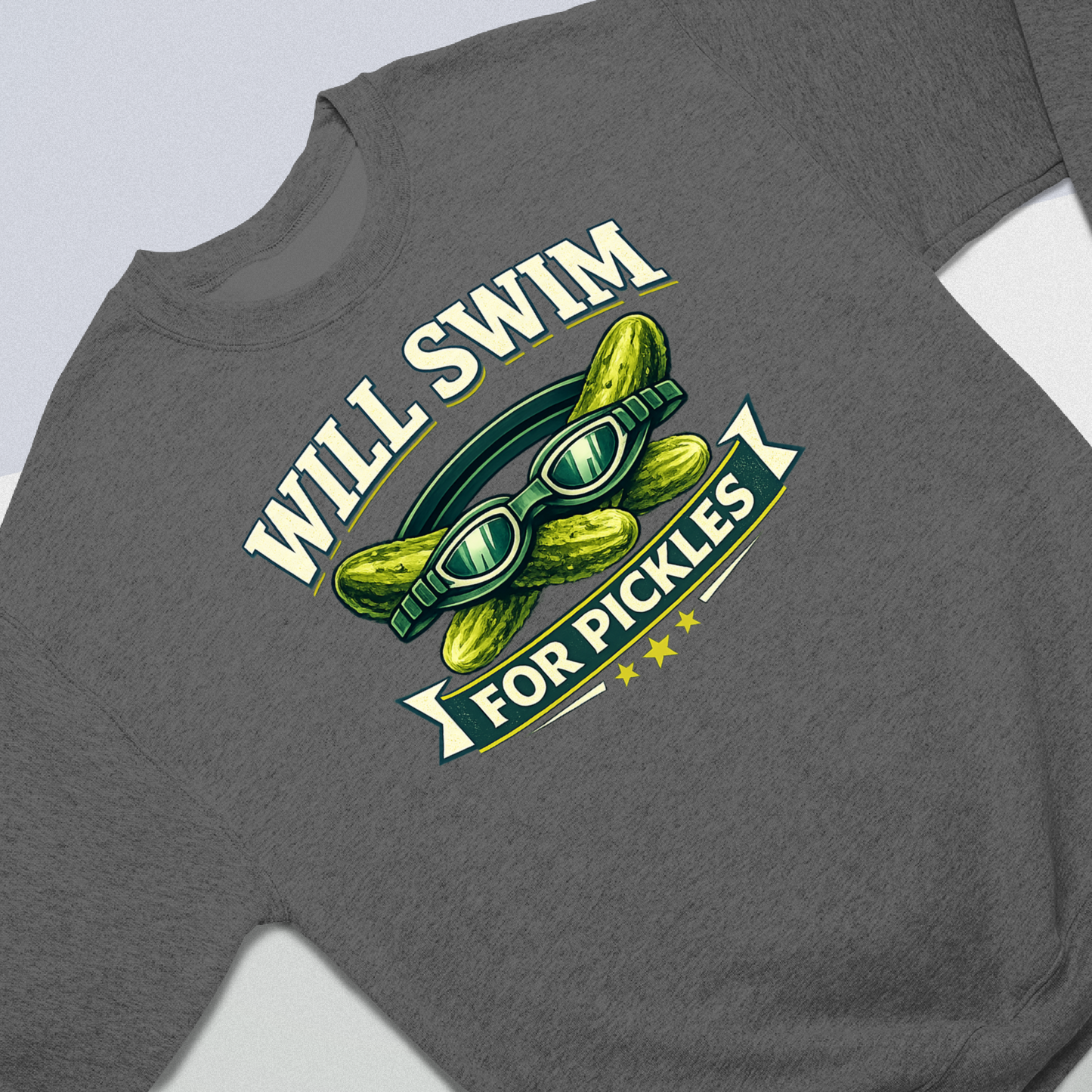 Will Swim For Pickles Vintage - Dark Heather Tee, Long Sleeve Tee, Crewneck, or Hoodie