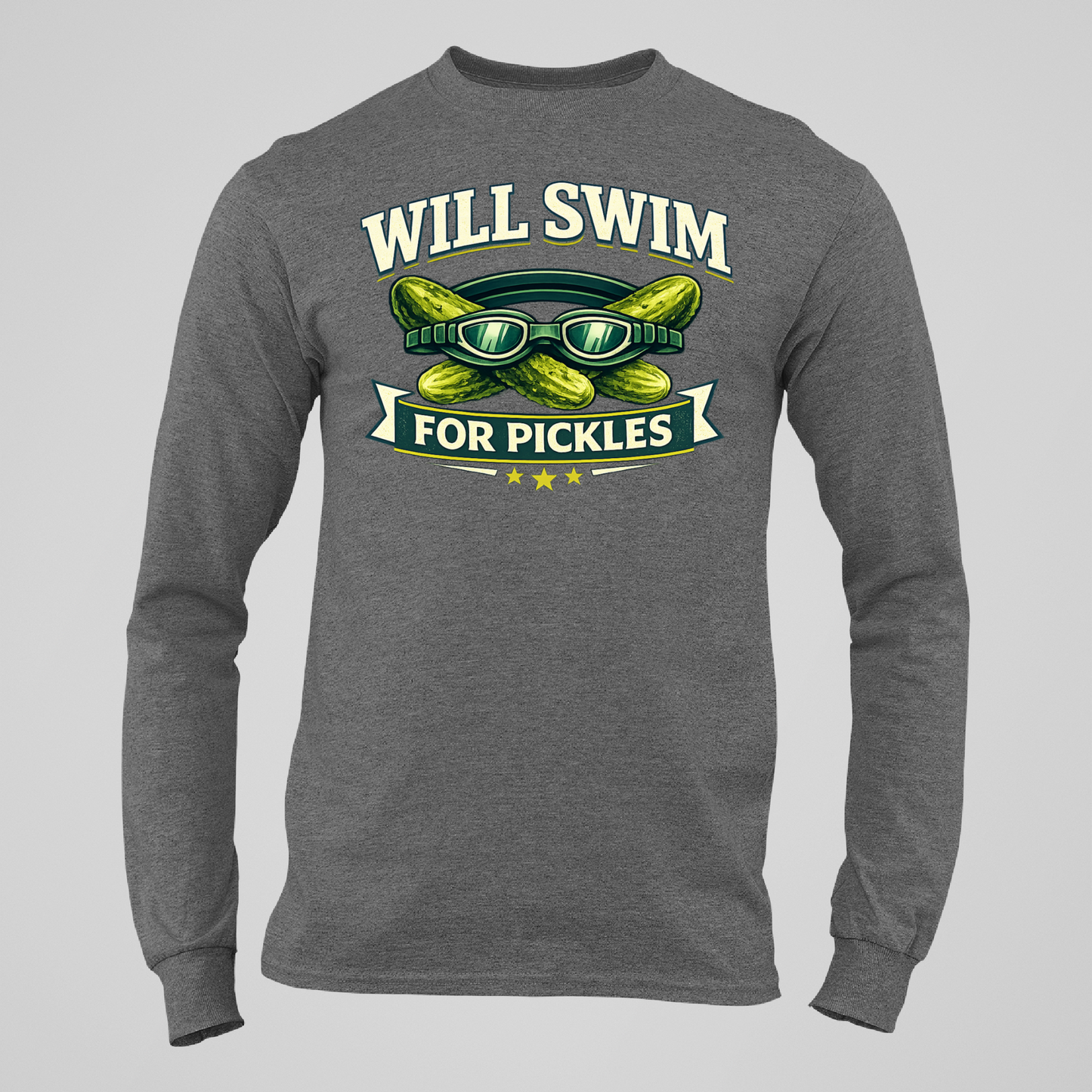 Will Swim For Pickles Vintage - Dark Heather Tee, Long Sleeve Tee, Crewneck, or Hoodie