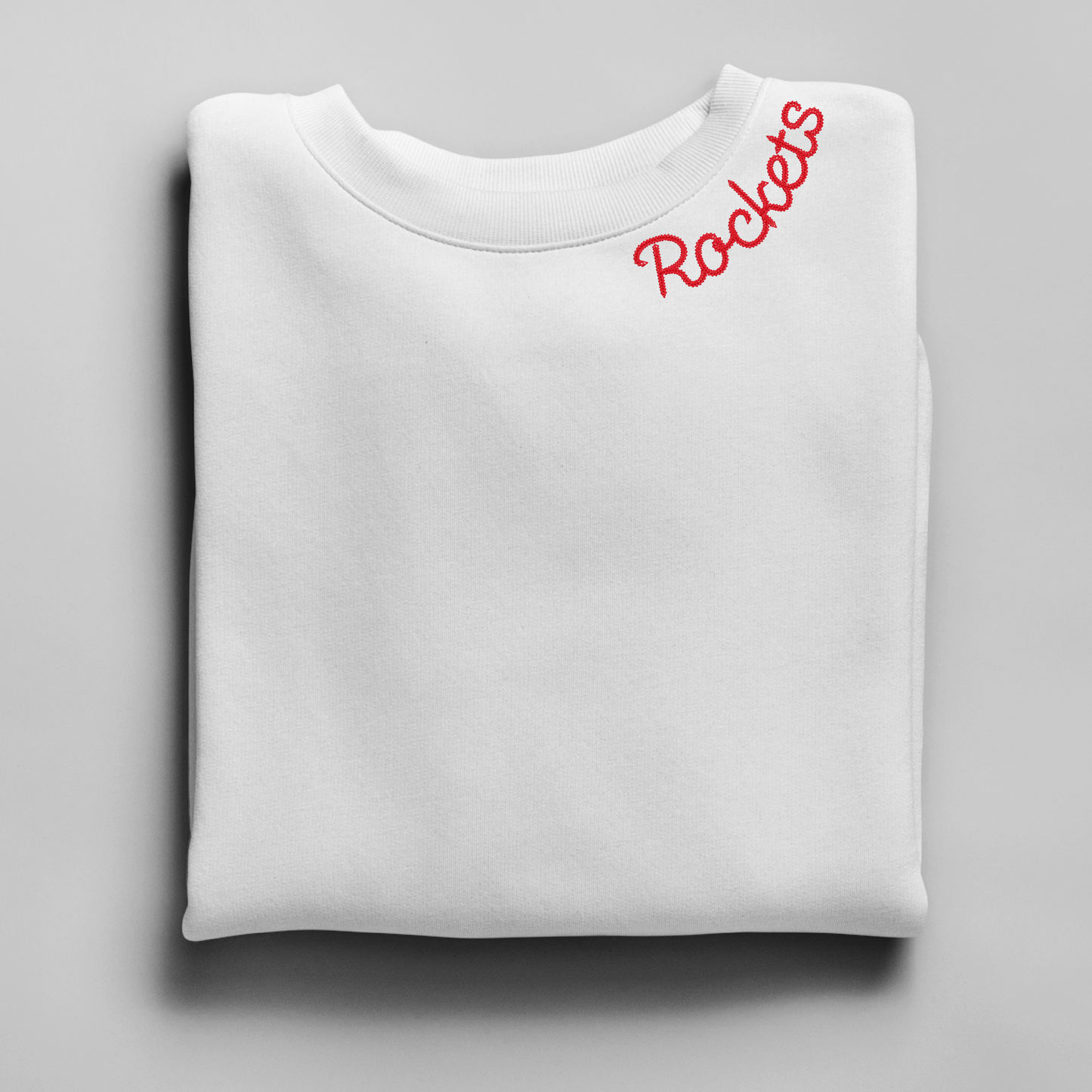 Red Rockets on White Crewneck Sweatshirt – Chainstitch Collar Design