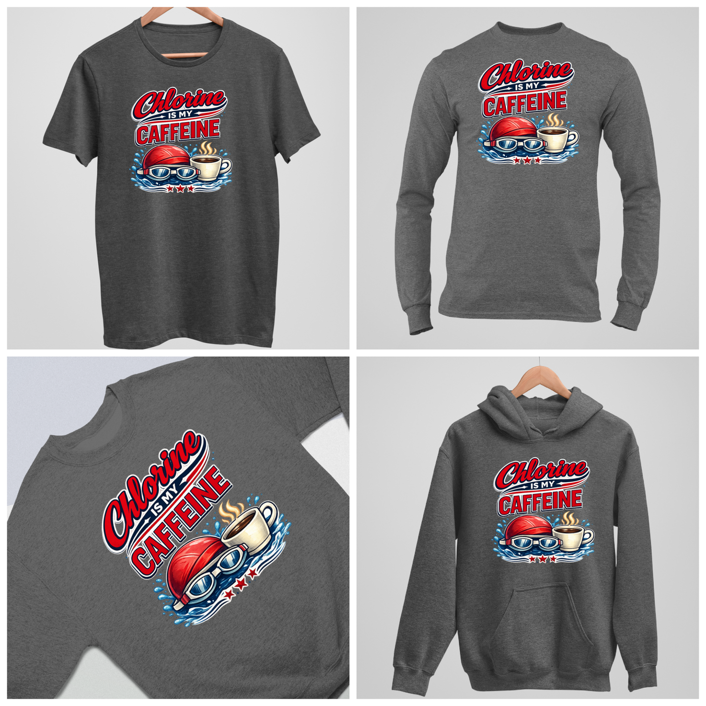 Caffeine is my Chlorine Vintage - Dark Heather Tee, Long Sleeve Tee, Crewneck, or Hoodie