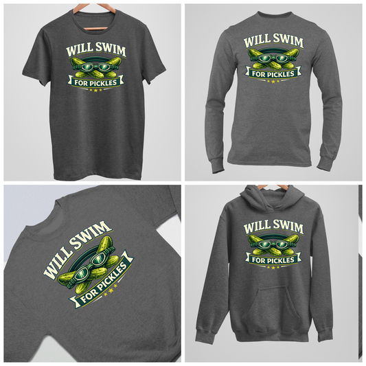 Will Swim For Pickles Vintage - Dark Heather Tee, Long Sleeve Tee, Crewneck, or Hoodie