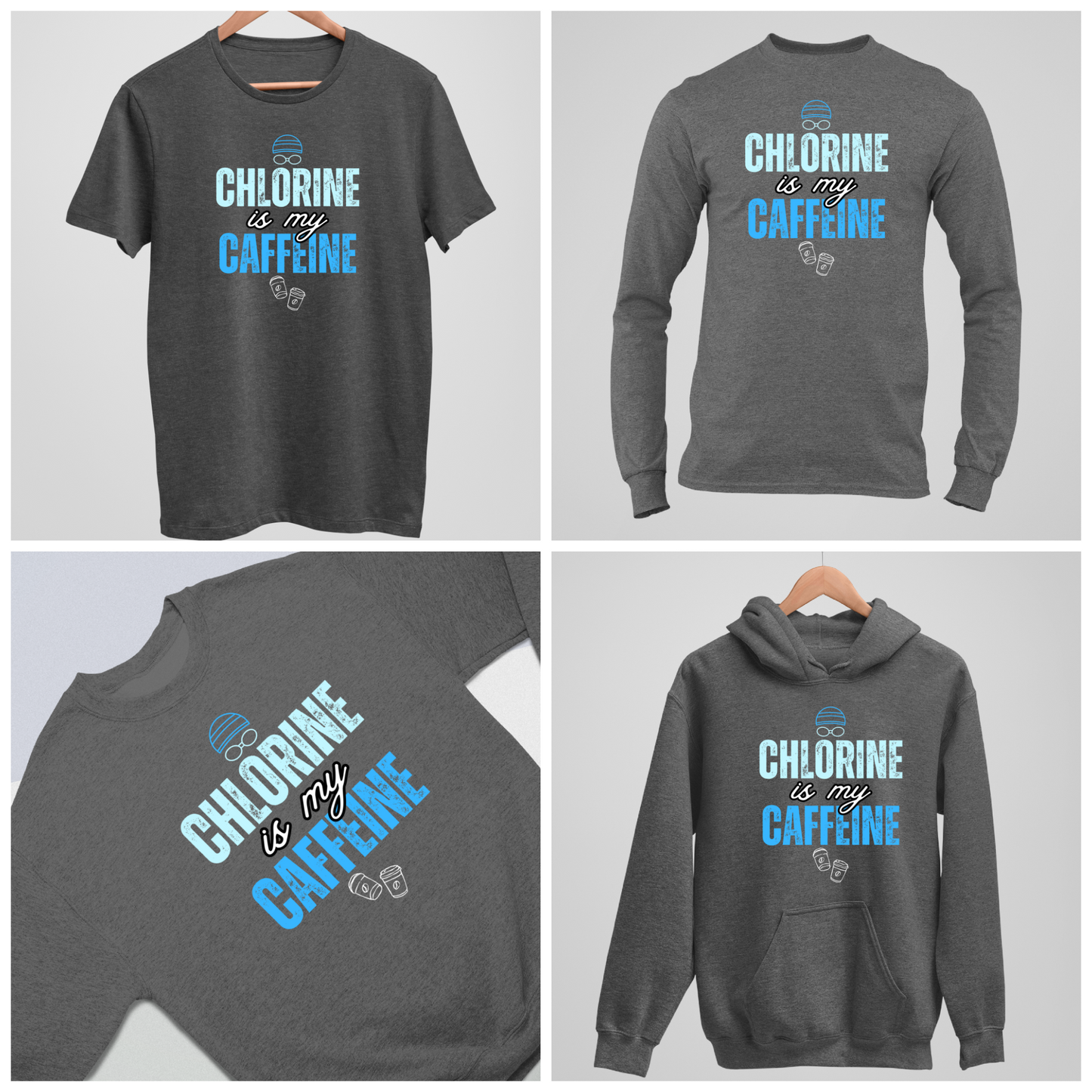 Chlorine is my Caffeine Graphic - Dark Heather Tee, Long Sleeve Tee, Crewneck, or Hoodie