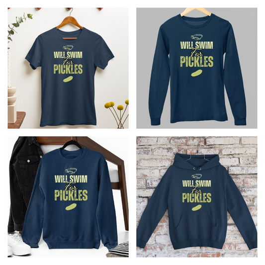 Will Swim for Pickles Graphic - Navy Tee, Long Sleeve Tee, Crewneck, or Hoodie