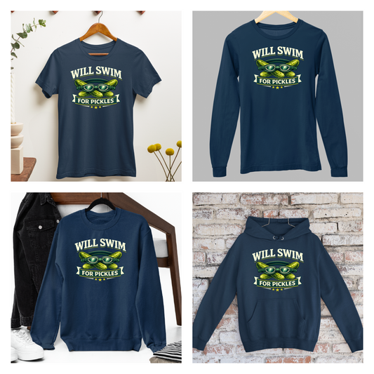 Will Swim For Pickles Vintage - Navy Tee, Long Sleeve Tee, Crewneck, or Hoodie