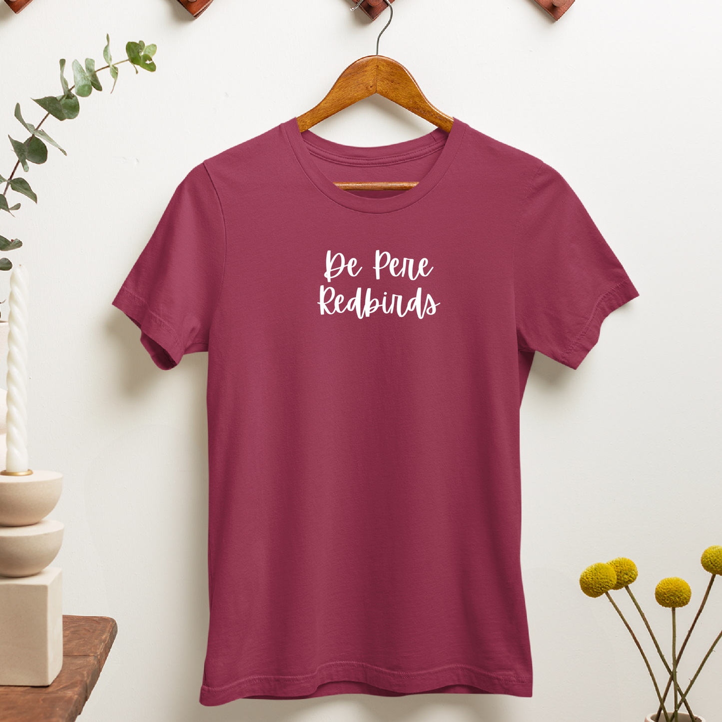 De Pere Redbirds Small Script Design - Cardinal Red Tee, Crewneck, or Hoodie