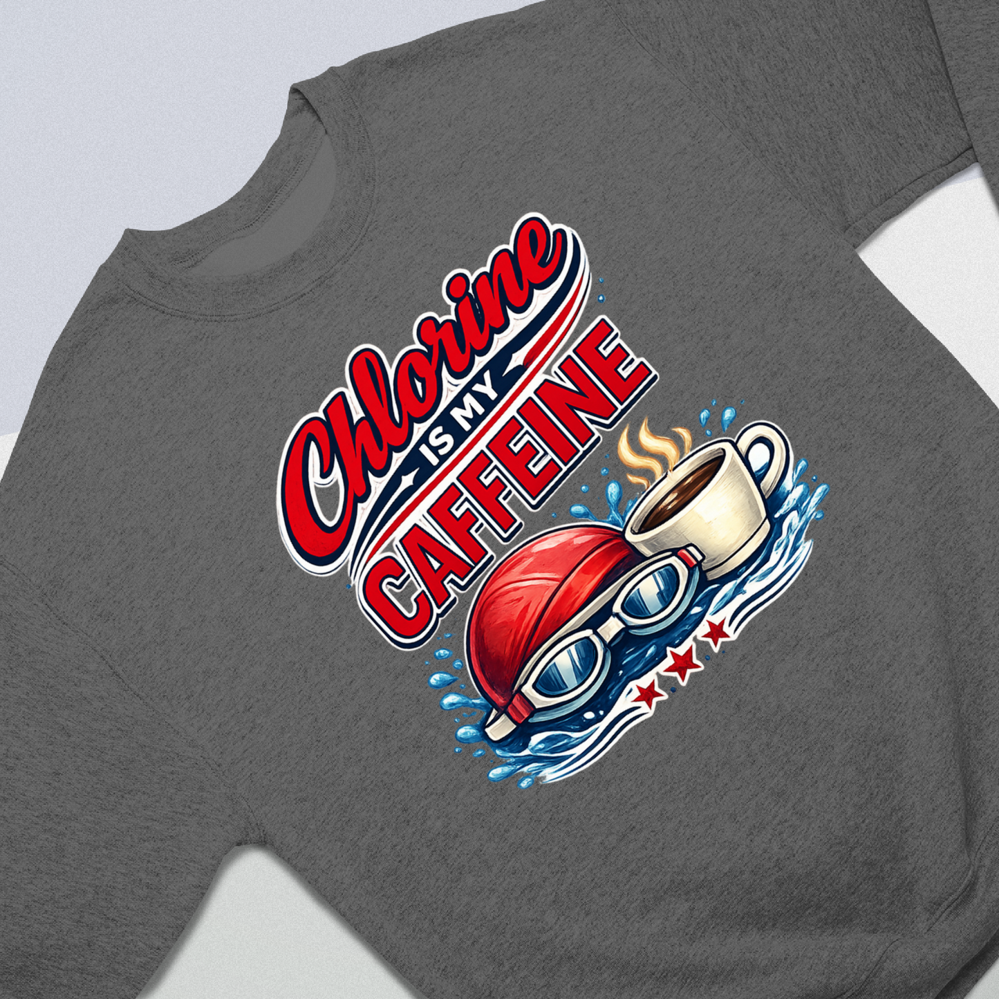 Caffeine is my Chlorine Vintage - Dark Heather Tee, Long Sleeve Tee, Crewneck, or Hoodie